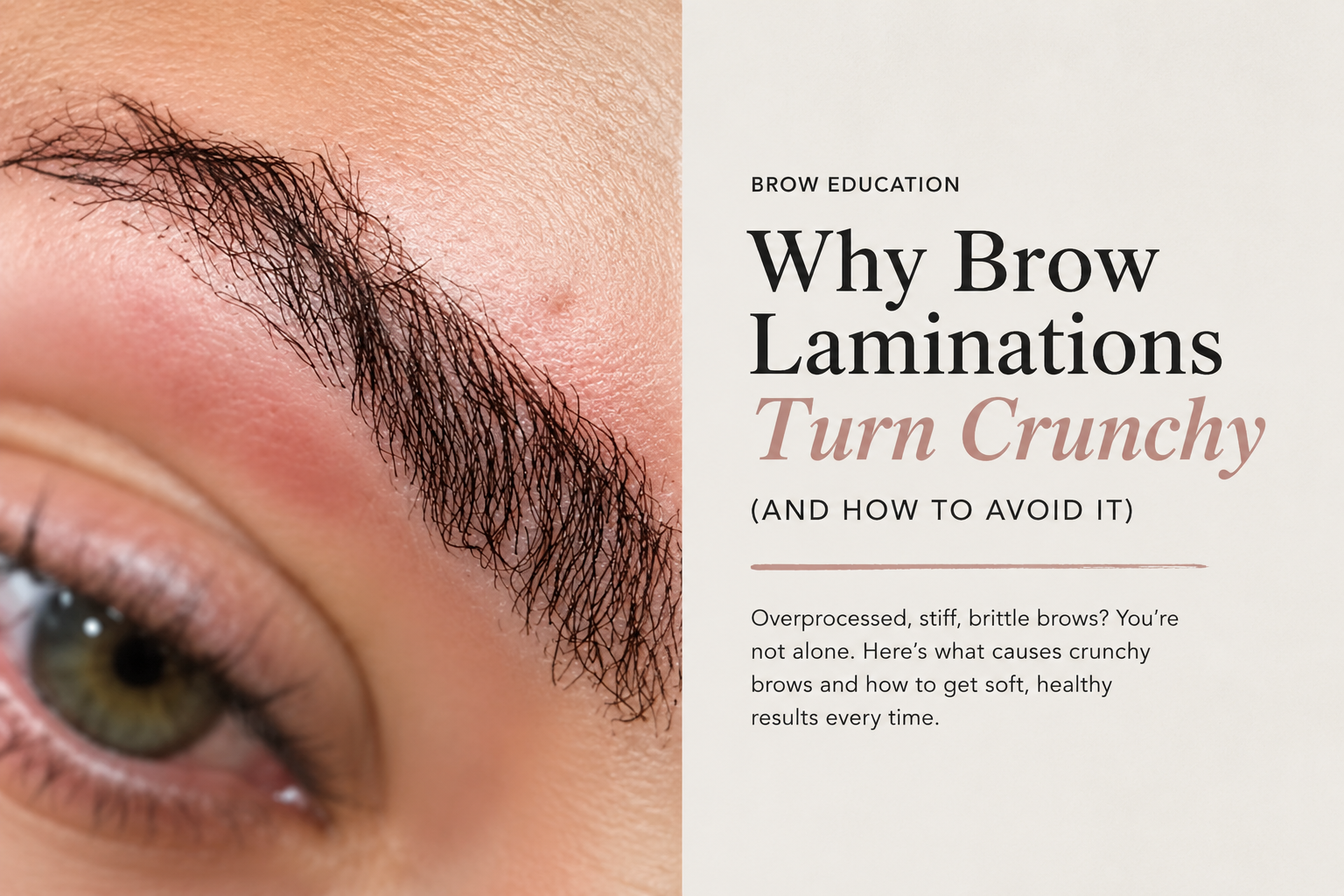 Overprocessed crunchy brow lamination showing brittle brow hairs and common causes of brow lamination damage
