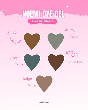 Color chart for Noemi Dye Gel with heart-shaped color swatches on a pink background