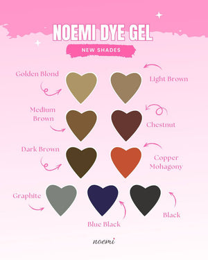 Color chart for Noemi Dye Gel with heart-shaped color swatches on a pink background