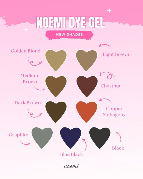 Color chart for Noemi Dye Gel with heart-shaped color swatches on a pink background