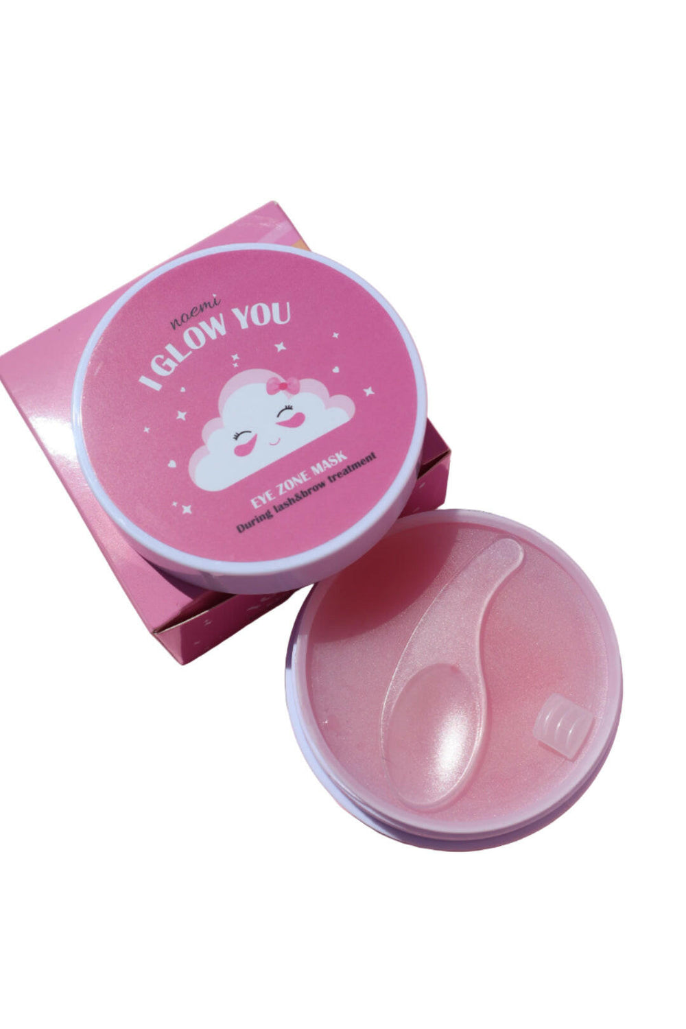 Pink skincare product with cloud design and 'I Glow You' text on a pink background