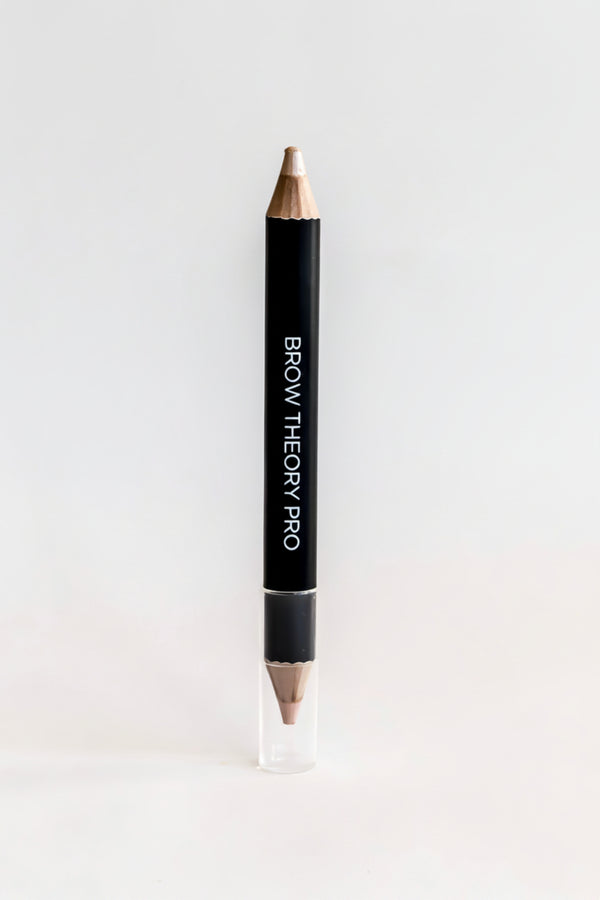 Brow Theory Pro Brow Highlighting Duo featuring a matte pink highlighter and champagne shimmer for defining and brightening the brows.