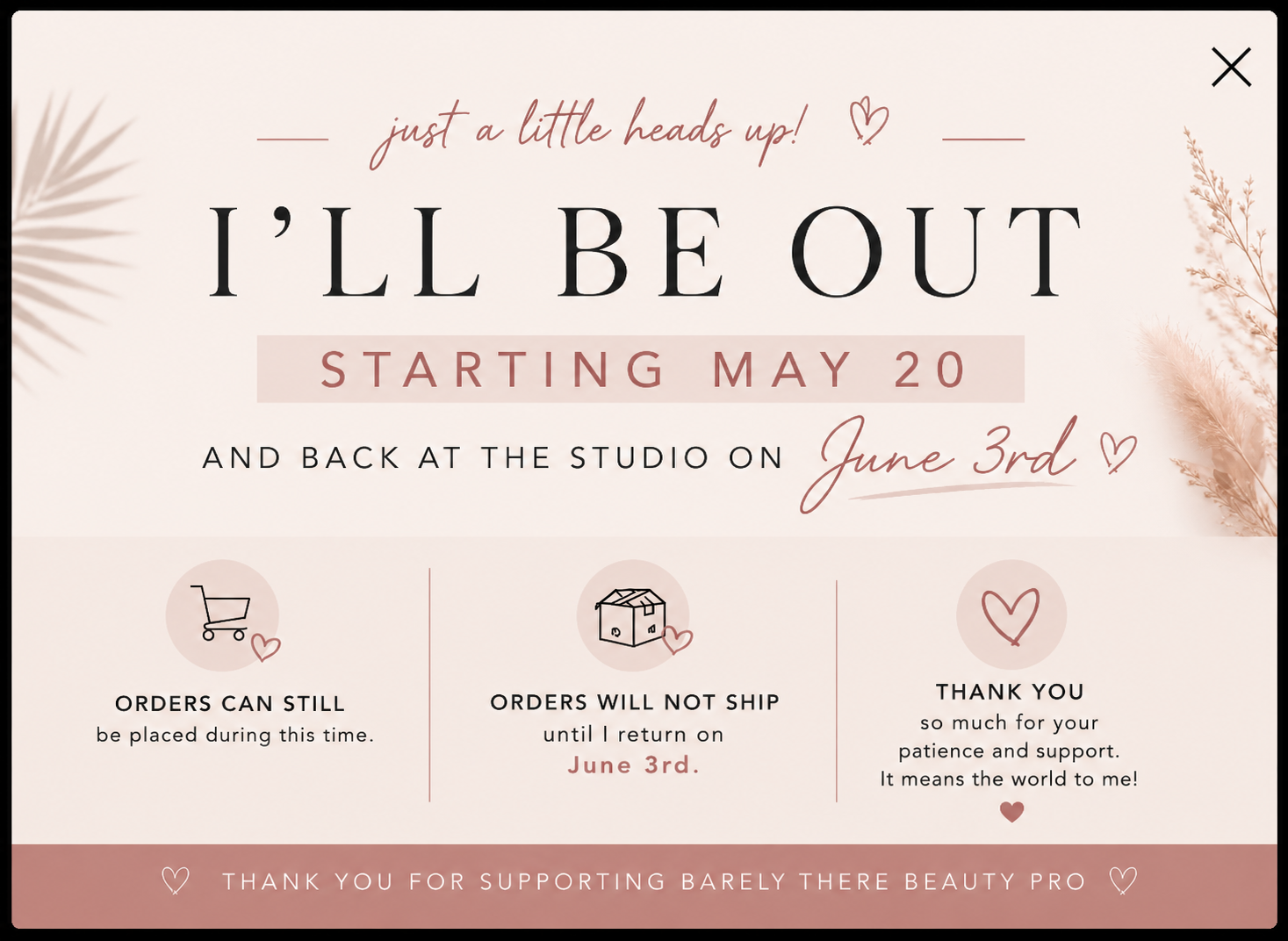 Out-of-office announcement with dates and contact information on a pink background